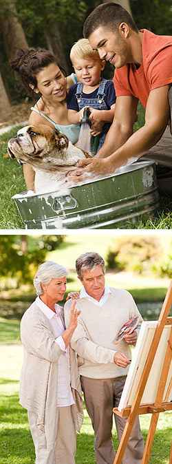 family with dog, and retired couple